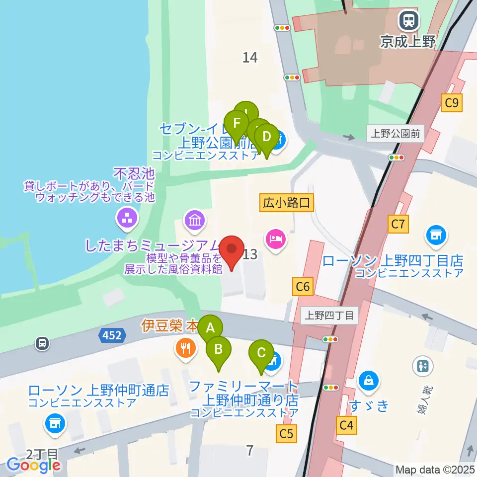 池之端ライブスペースQui周辺のカフェ一覧地図