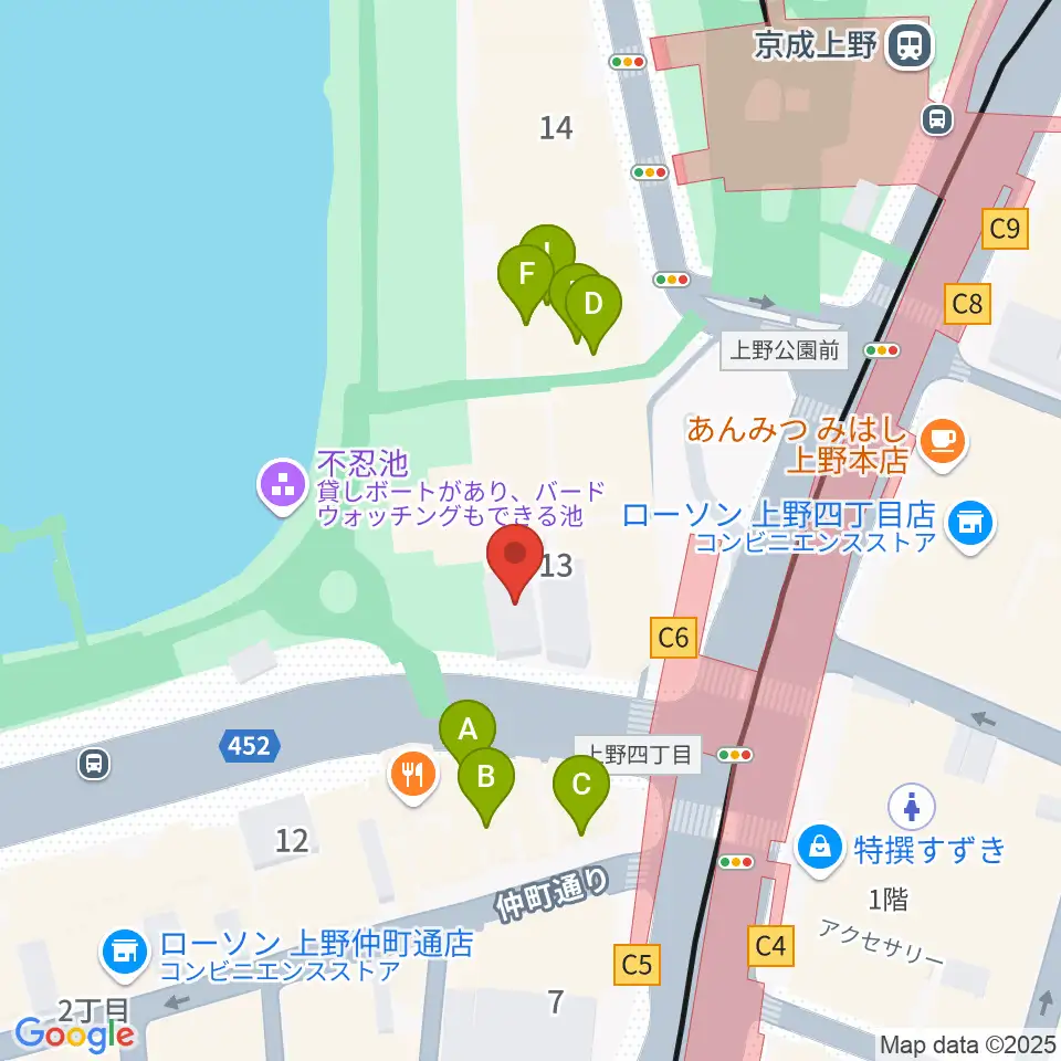 池之端ライブスペースQui周辺のカフェ一覧地図