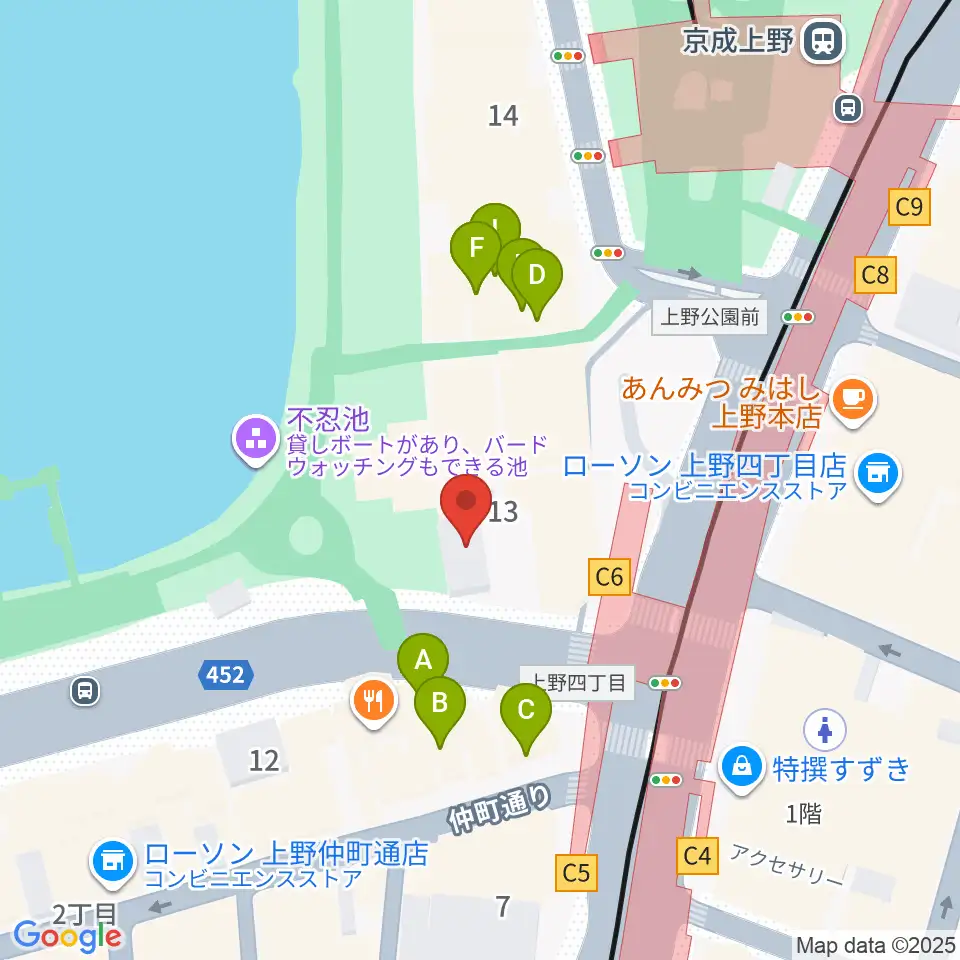池之端ライブスペースQui周辺のカフェ一覧地図