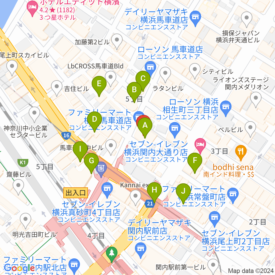 ディスクユニオン横浜関内店・ジャズ館周辺のカフェ一覧地図