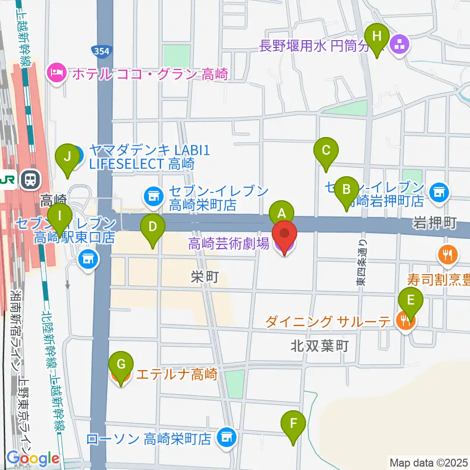高崎芸術劇場周辺のカフェ一覧地図