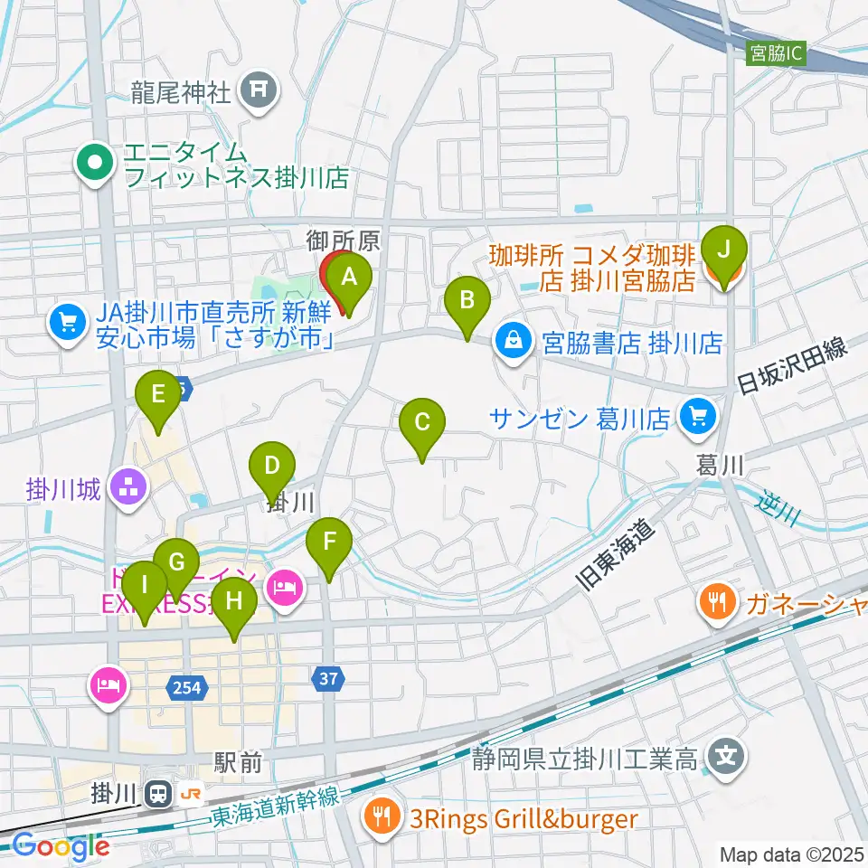 掛川市生涯学習センター周辺のカフェ一覧地図
