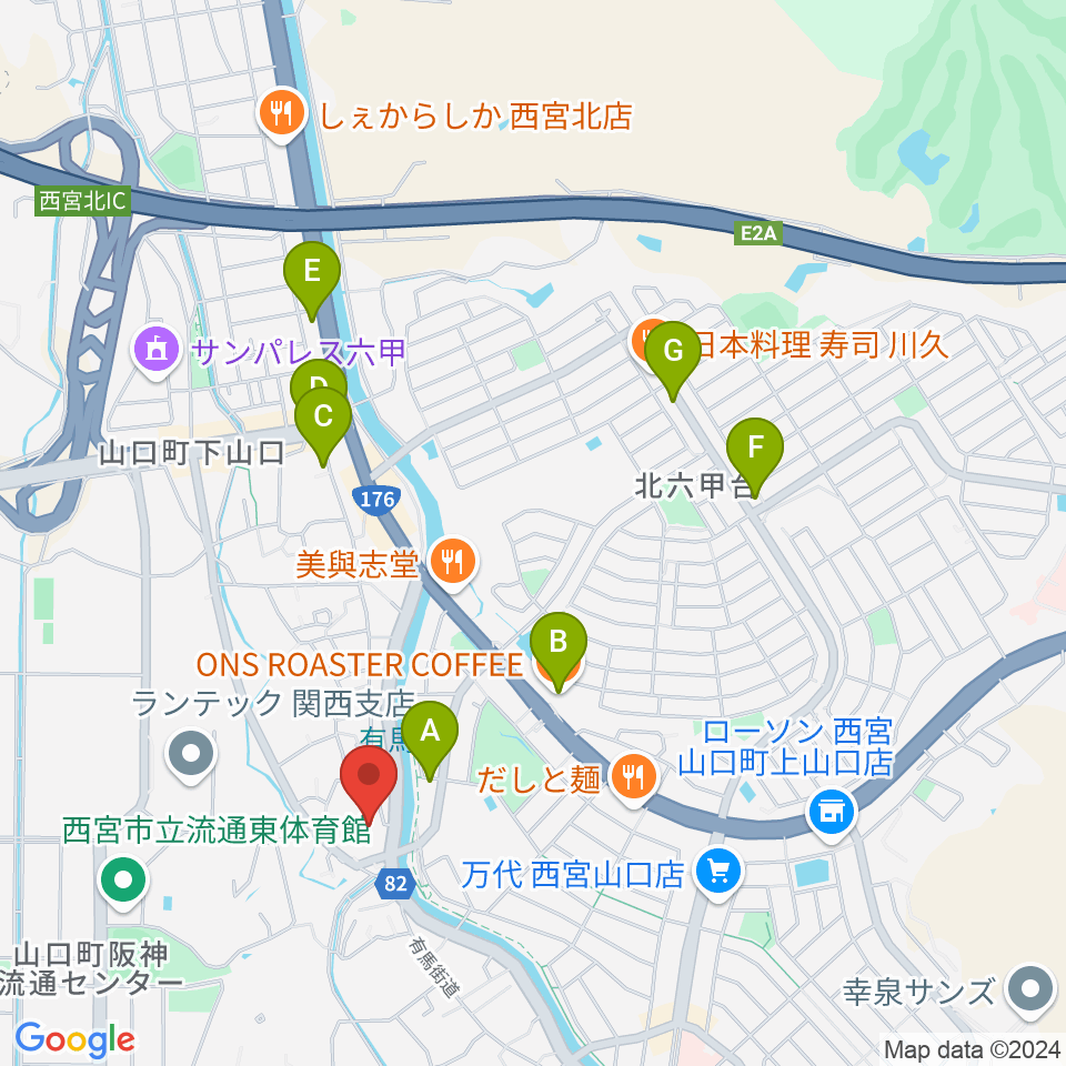 西宮市山口ホール周辺のカフェ一覧地図