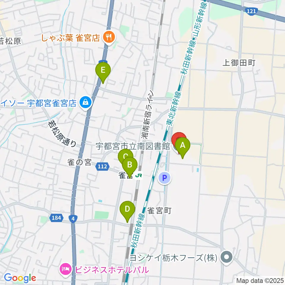 宇都宮市立南図書館サザンクロスホール周辺のカフェ一覧地図