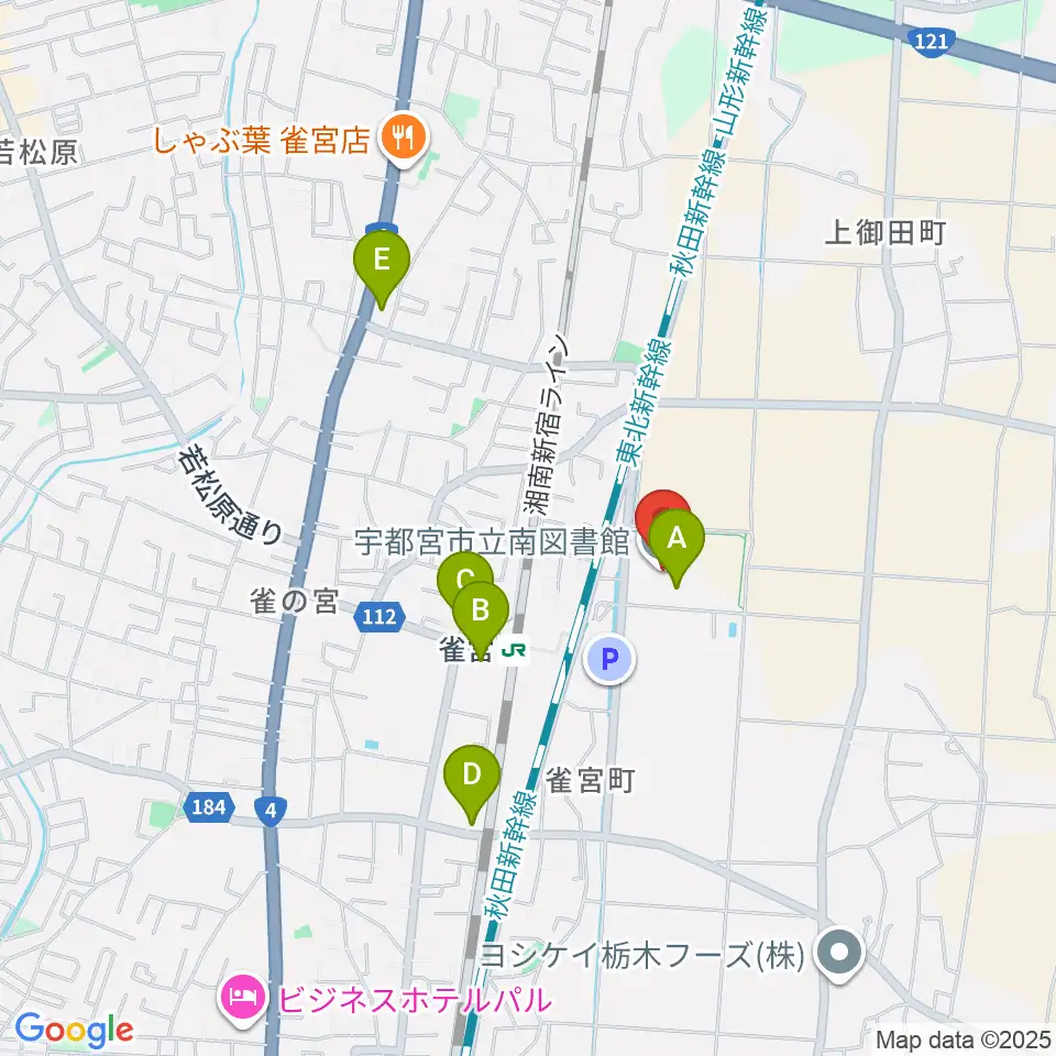 宇都宮市立南図書館サザンクロスホール周辺のカフェ一覧地図