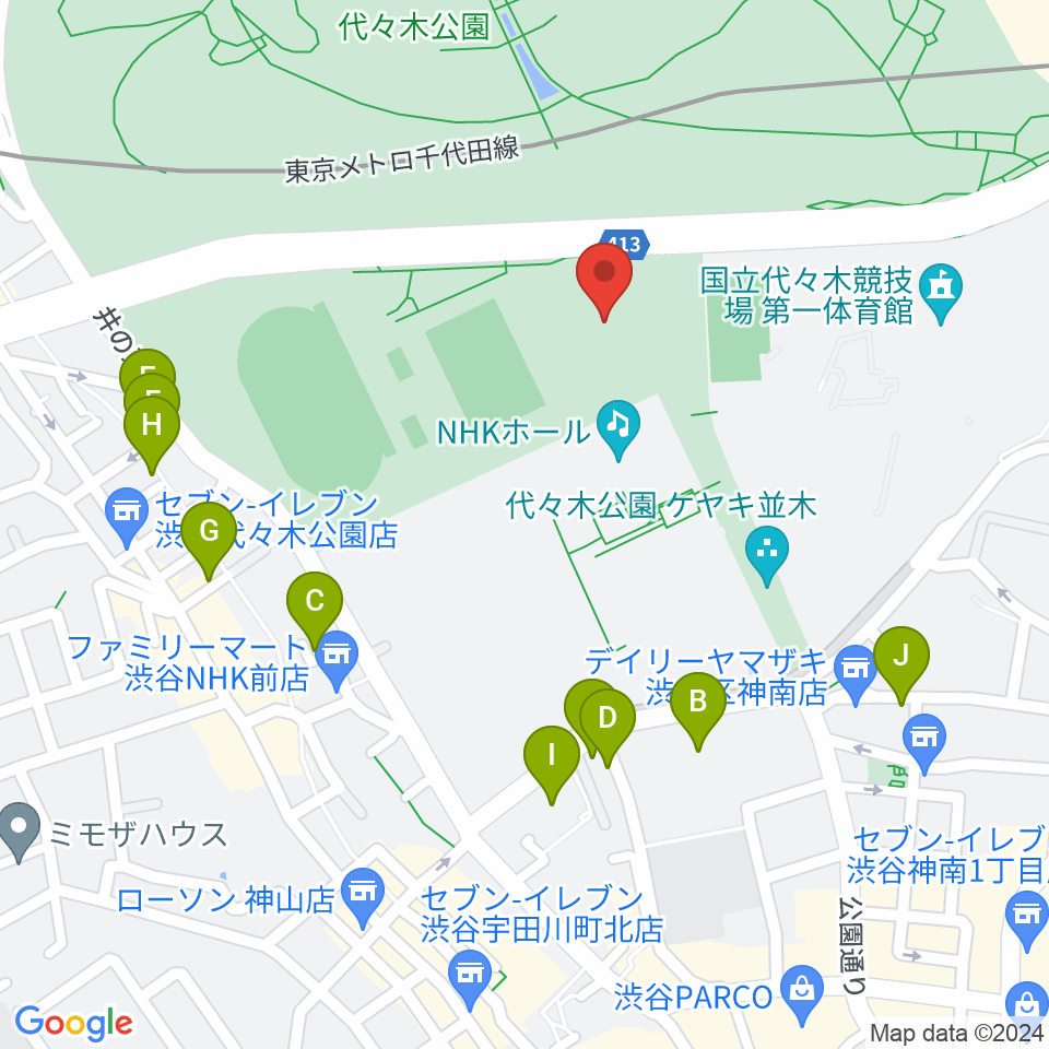 代々木公園野外音楽堂周辺のカフェ一覧地図