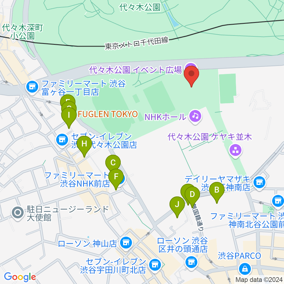 代々木公園野外音楽堂周辺のカフェ一覧地図