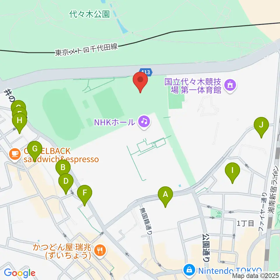 代々木公園野外音楽堂周辺のカフェ一覧地図
