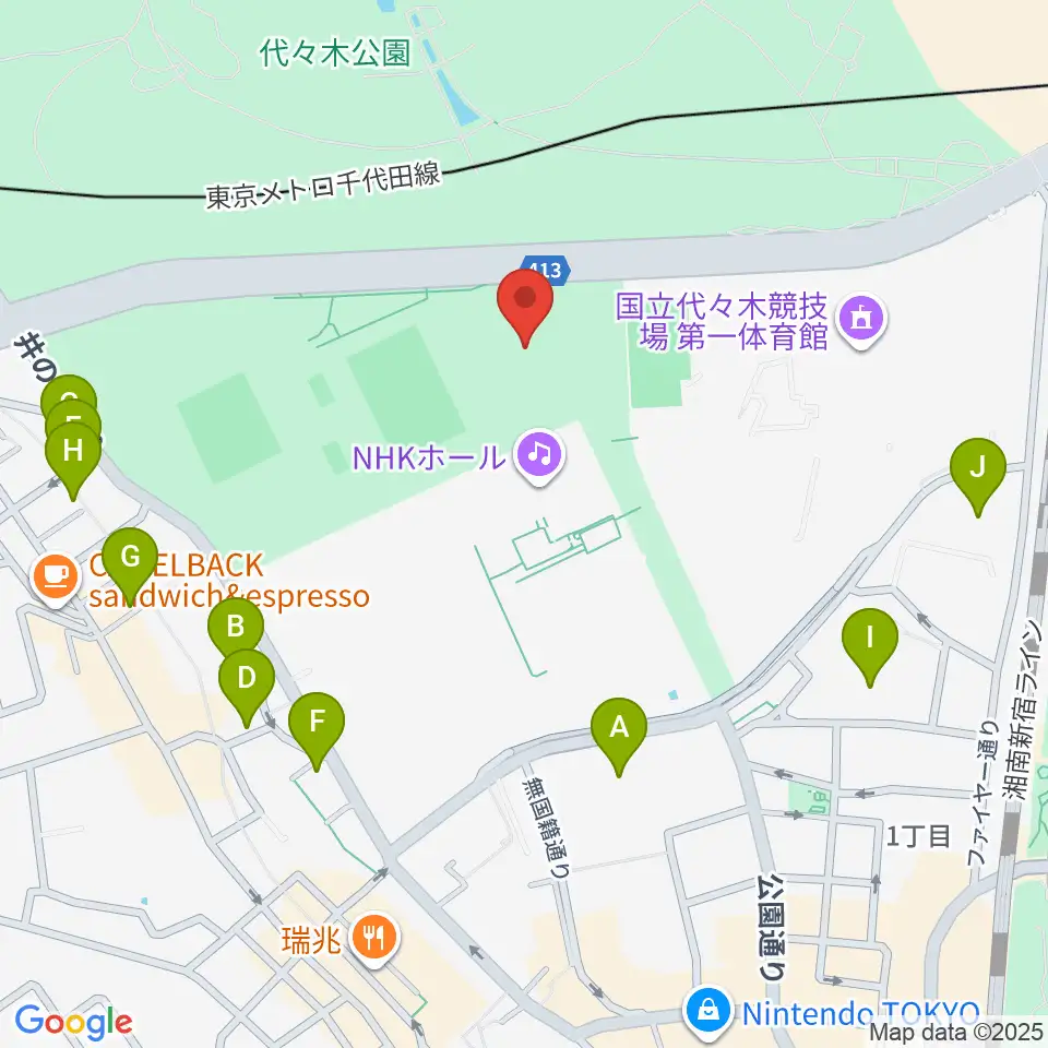 代々木公園野外音楽堂周辺のカフェ一覧地図
