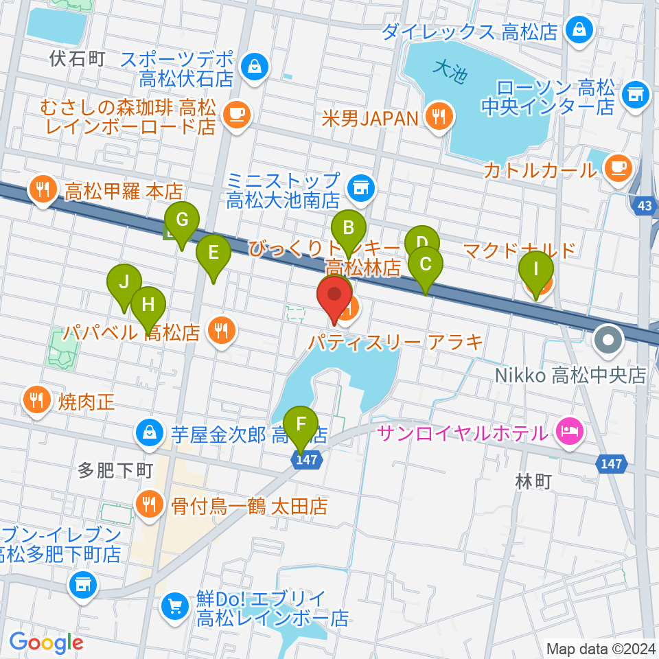 KUSAKA音楽教室周辺のカフェ一覧地図