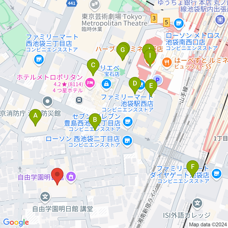 自由学園明日館周辺のカフェ一覧地図