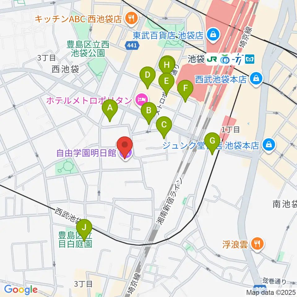 自由学園明日館周辺のカフェ一覧地図