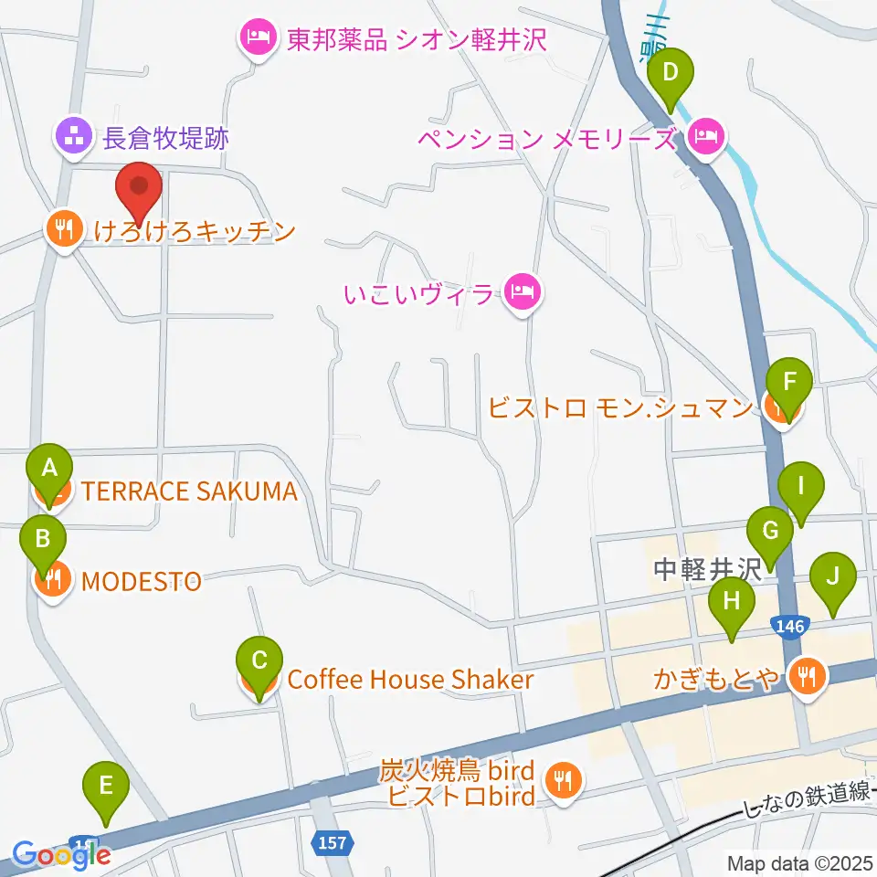 軽井沢コルネ音楽堂周辺のカフェ一覧地図