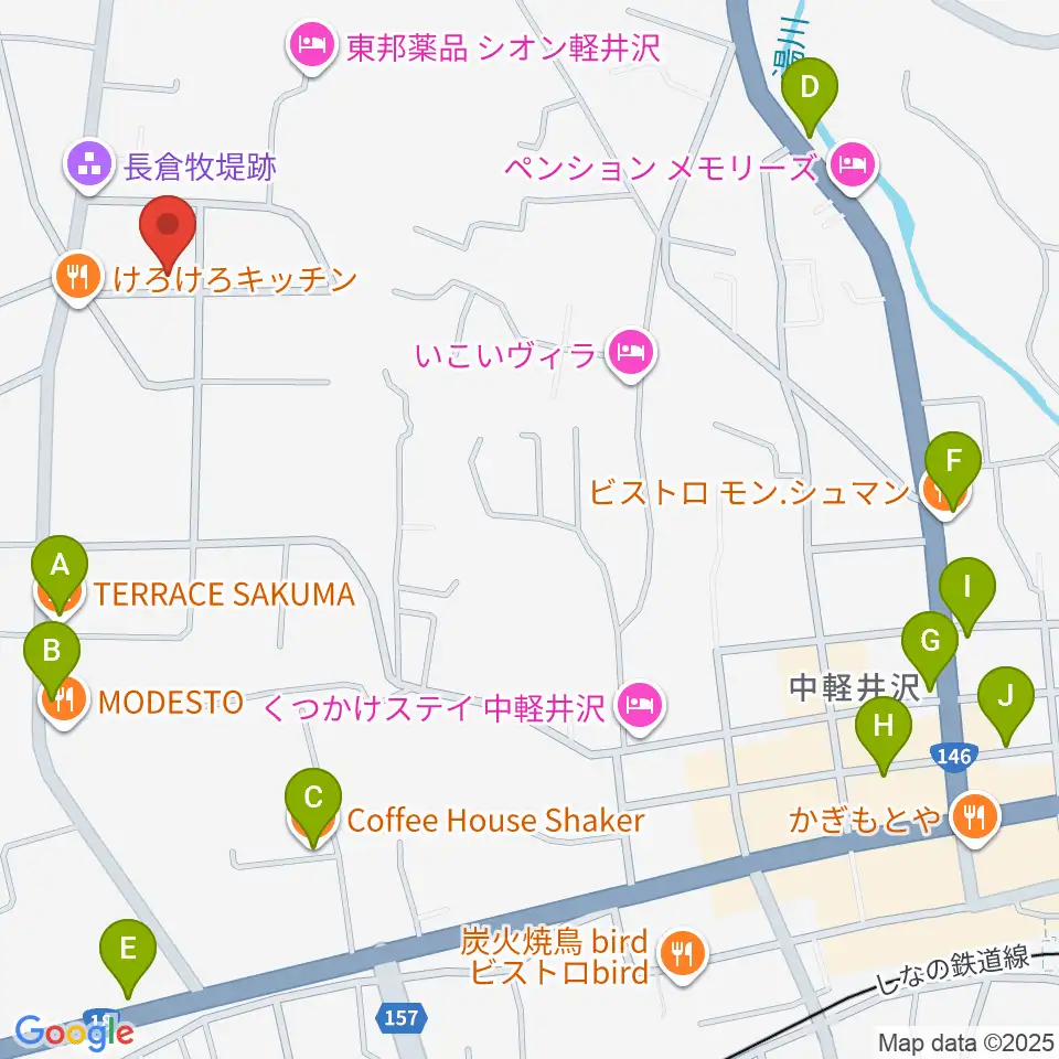 軽井沢コルネ音楽堂周辺のカフェ一覧地図