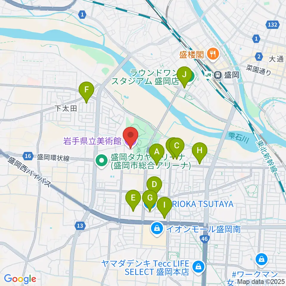 岩手県立美術館周辺のカフェ一覧地図