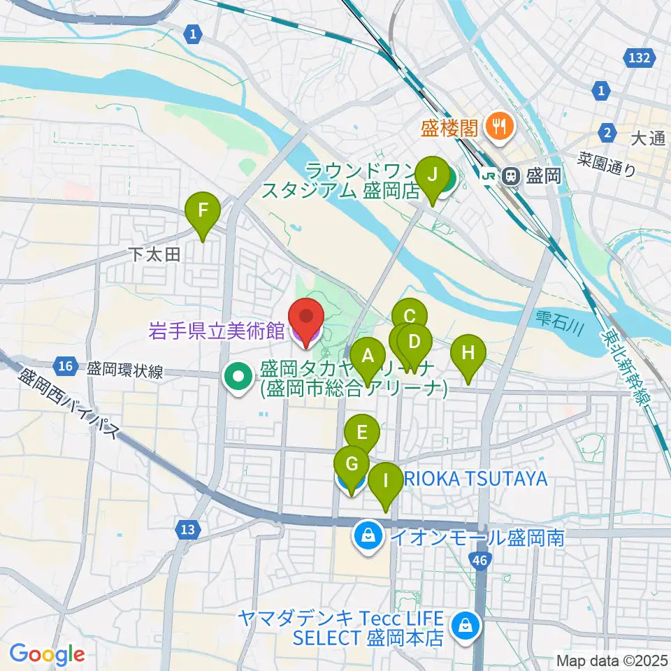 岩手県立美術館周辺のカフェ一覧地図