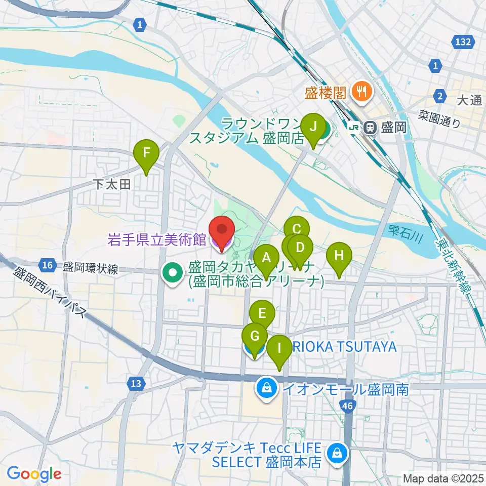 岩手県立美術館周辺のカフェ一覧地図