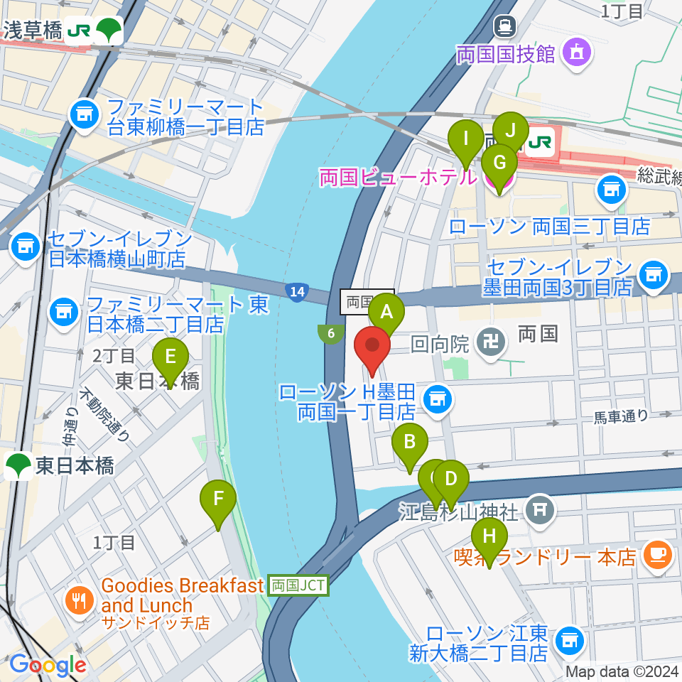 両国門天ホール周辺のカフェ一覧地図