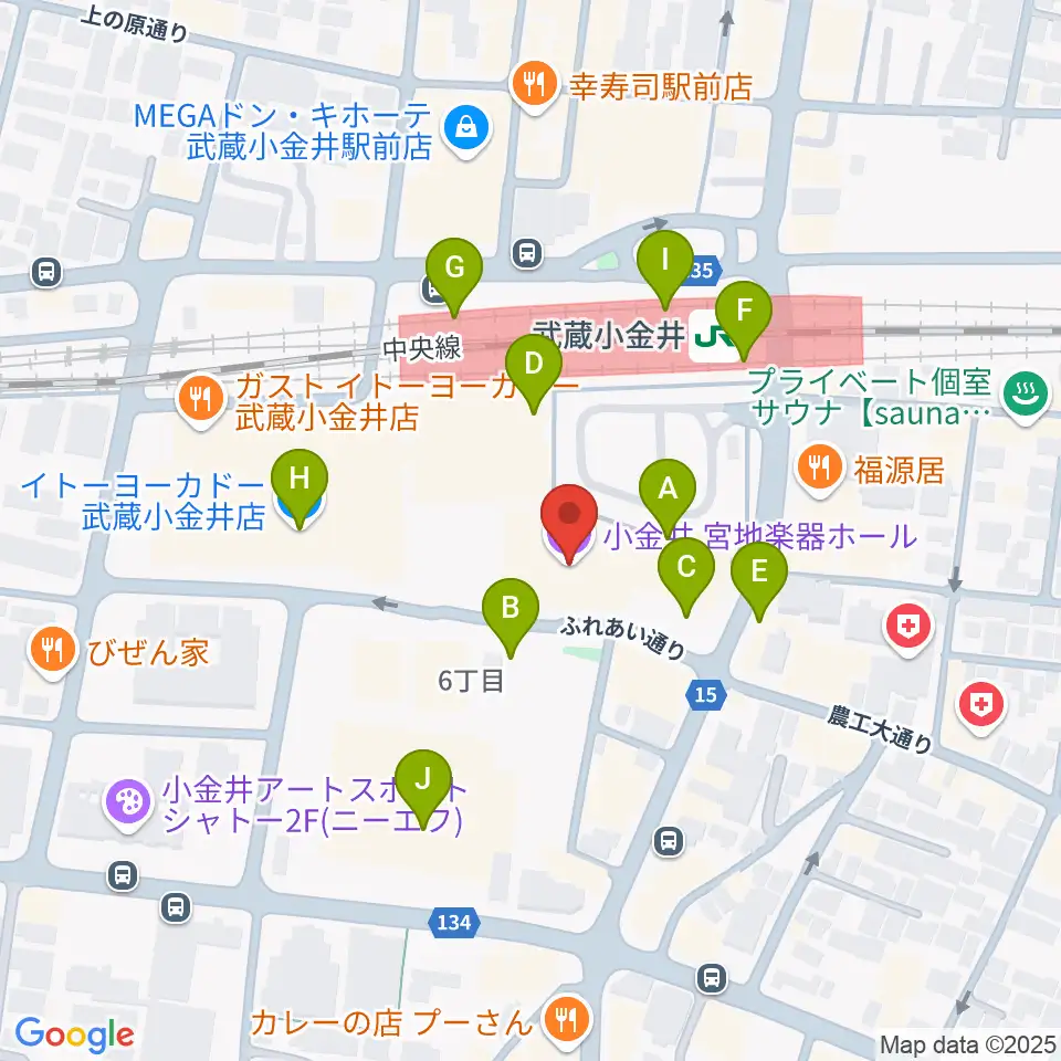 小金井 宮地楽器ホール周辺のカフェ一覧地図