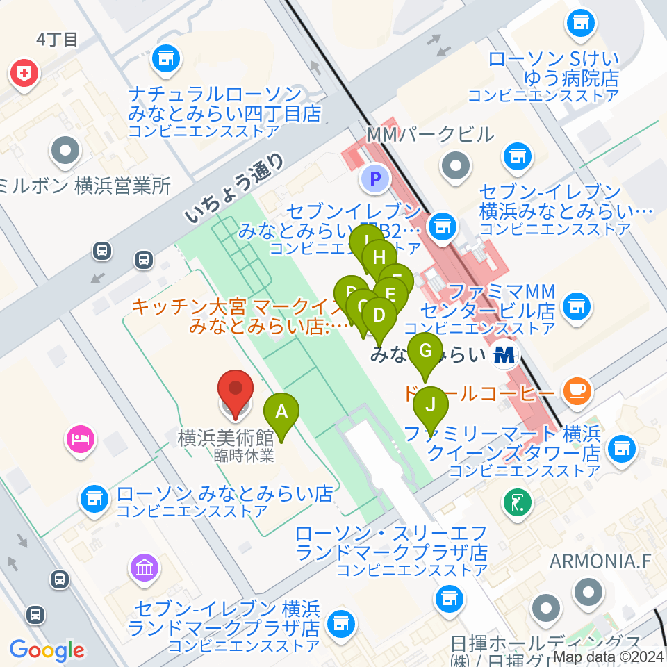 横浜美術館周辺のカフェ一覧地図