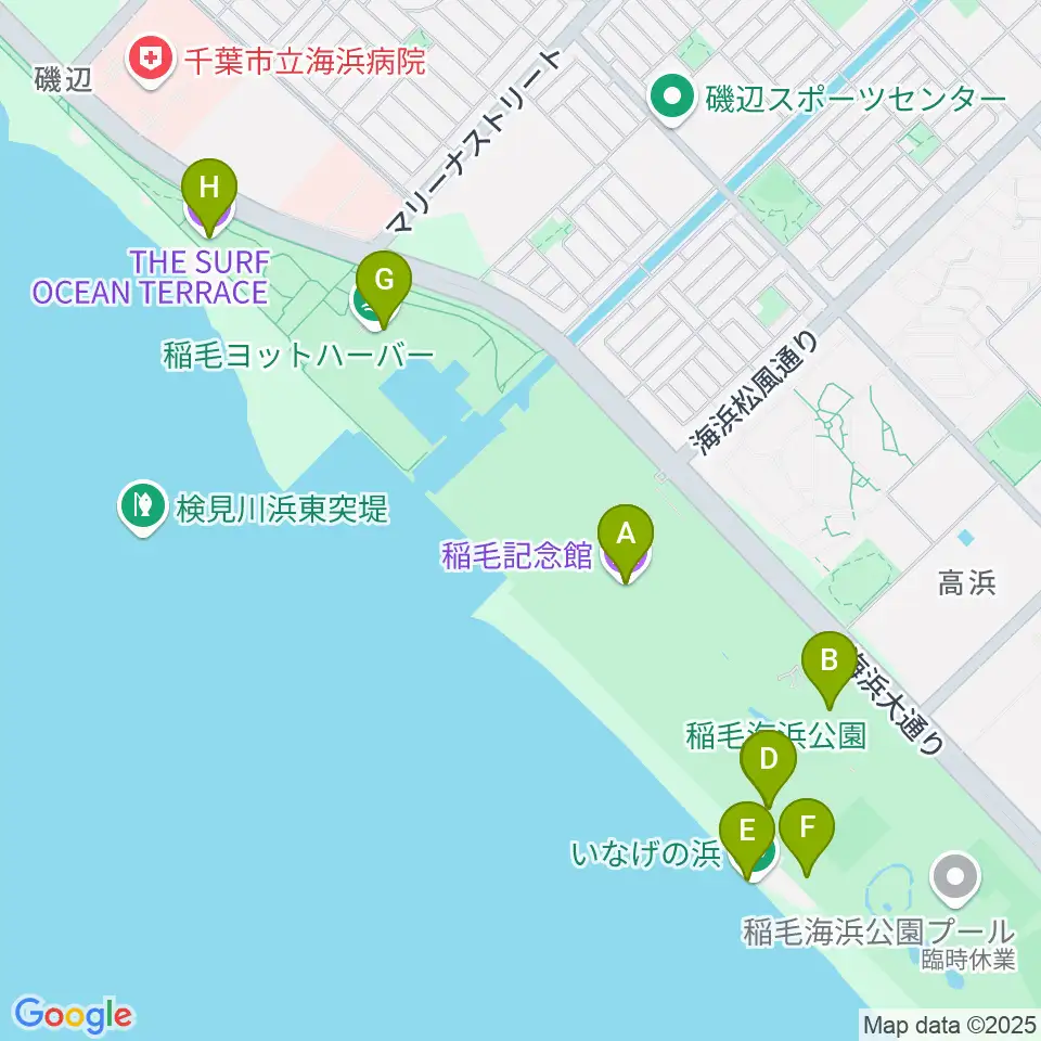 稲毛記念館周辺のカフェ一覧地図