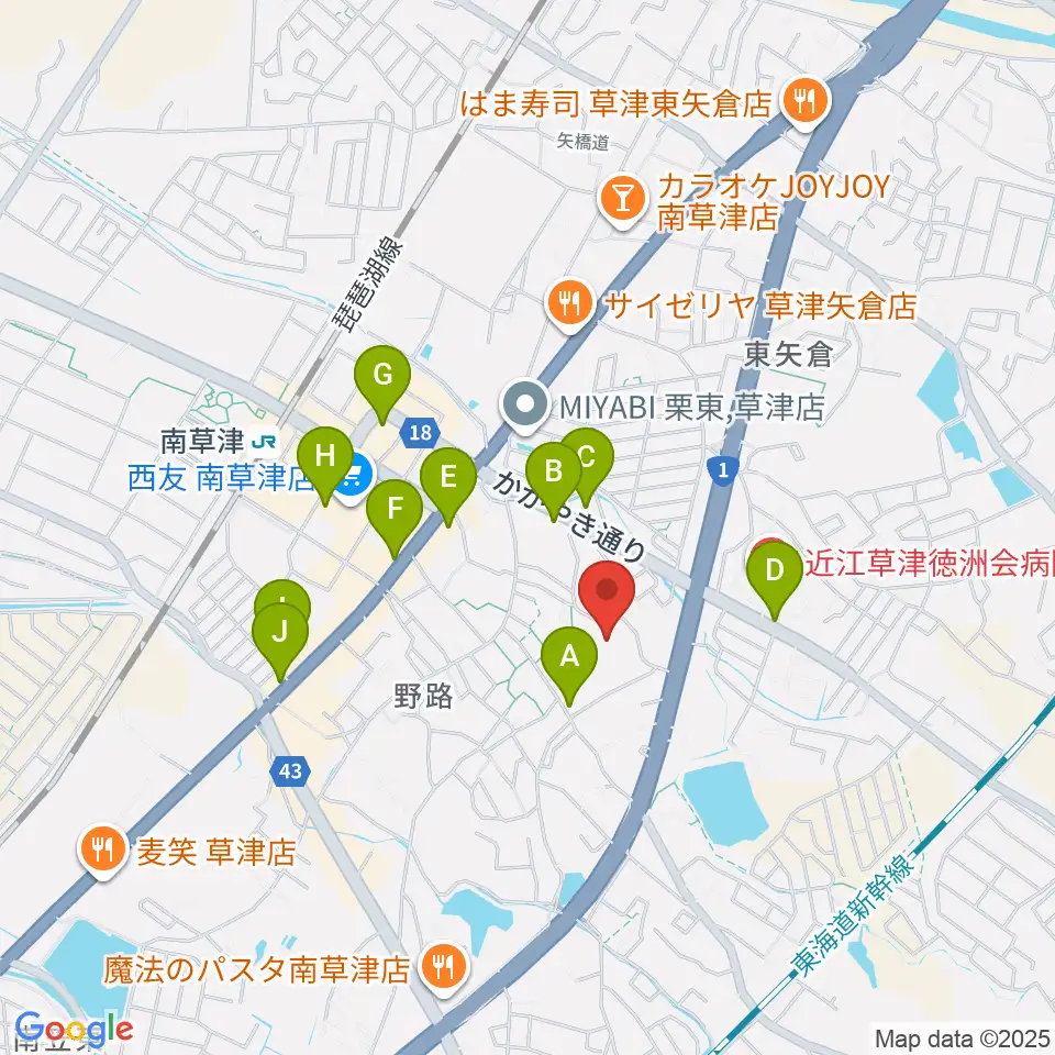 草津クレアホール周辺のカフェ一覧地図