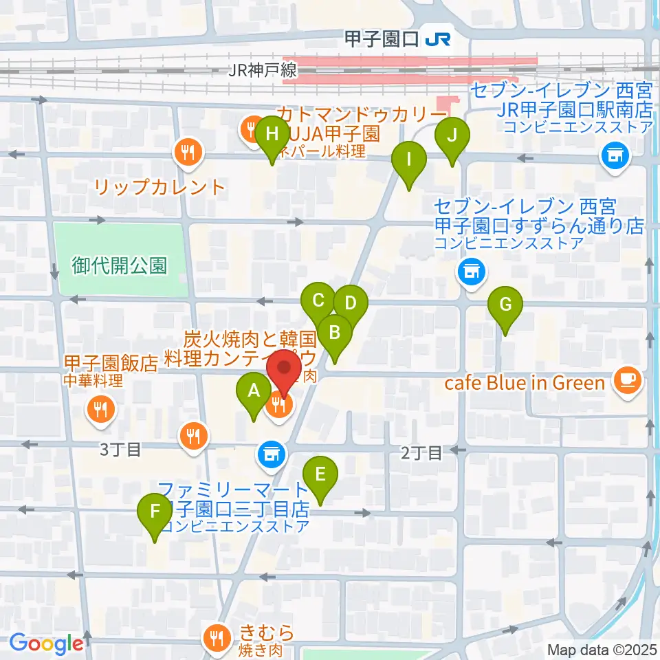 甲子園口アンクルジャム周辺のカフェ一覧地図