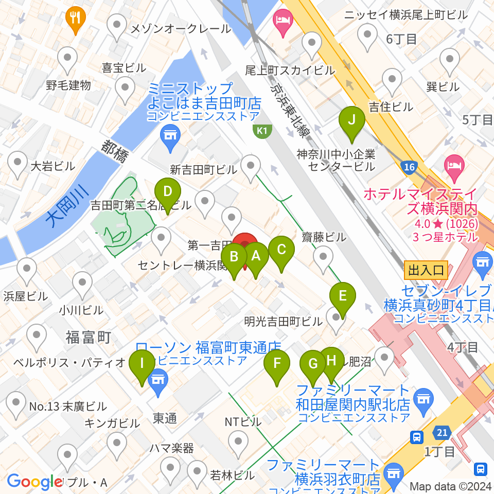 関内リトルジョン周辺のカフェ一覧地図