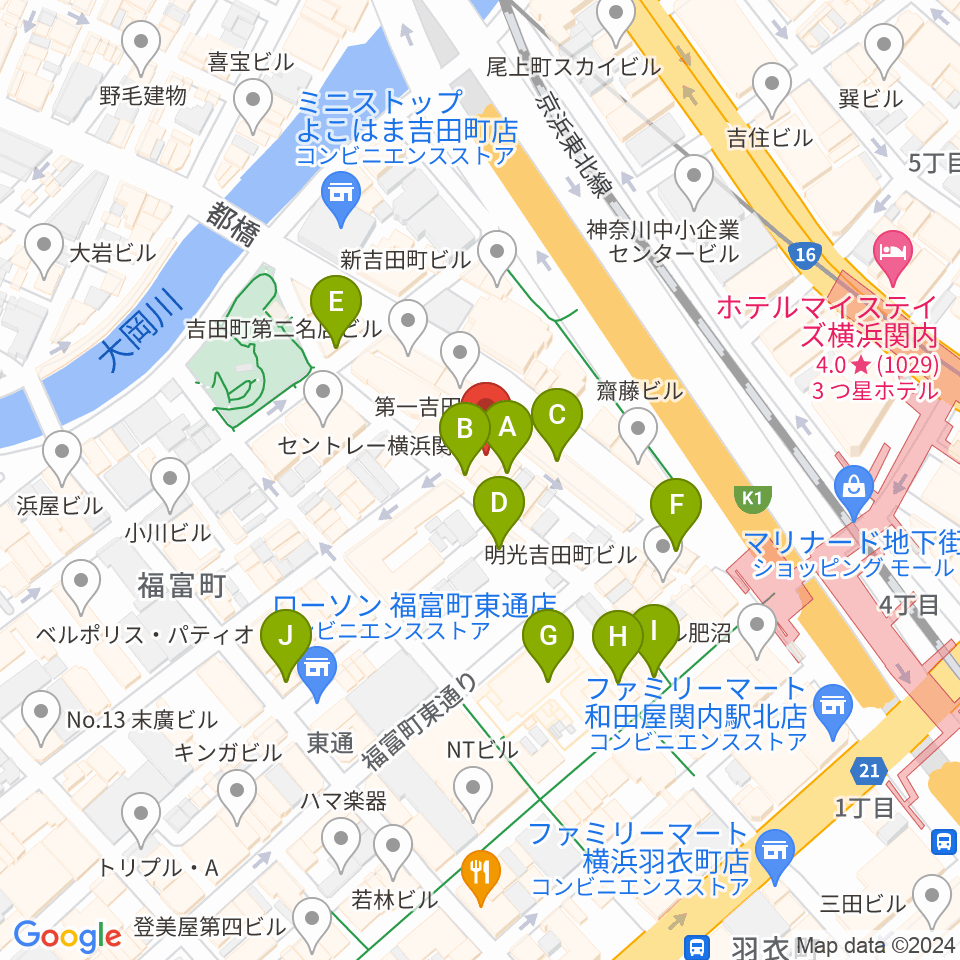 関内リトルジョン周辺のカフェ一覧地図