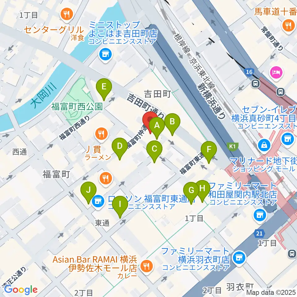 関内リトルジョン周辺のカフェ一覧地図