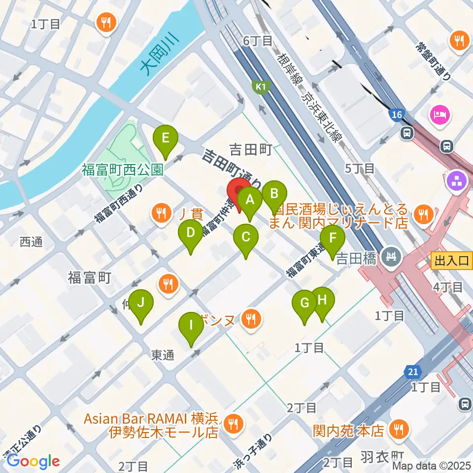 関内リトルジョン周辺のカフェ一覧地図