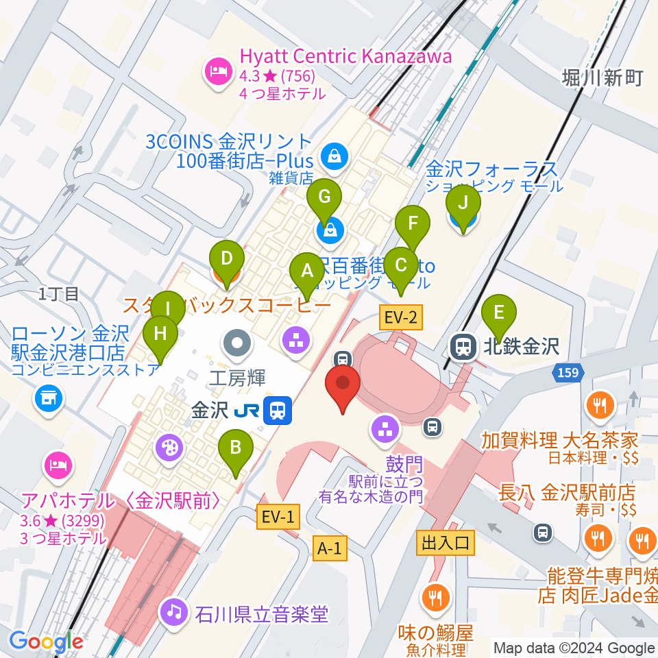 金沢駅東もてなしドーム地下広場周辺のカフェ一覧地図