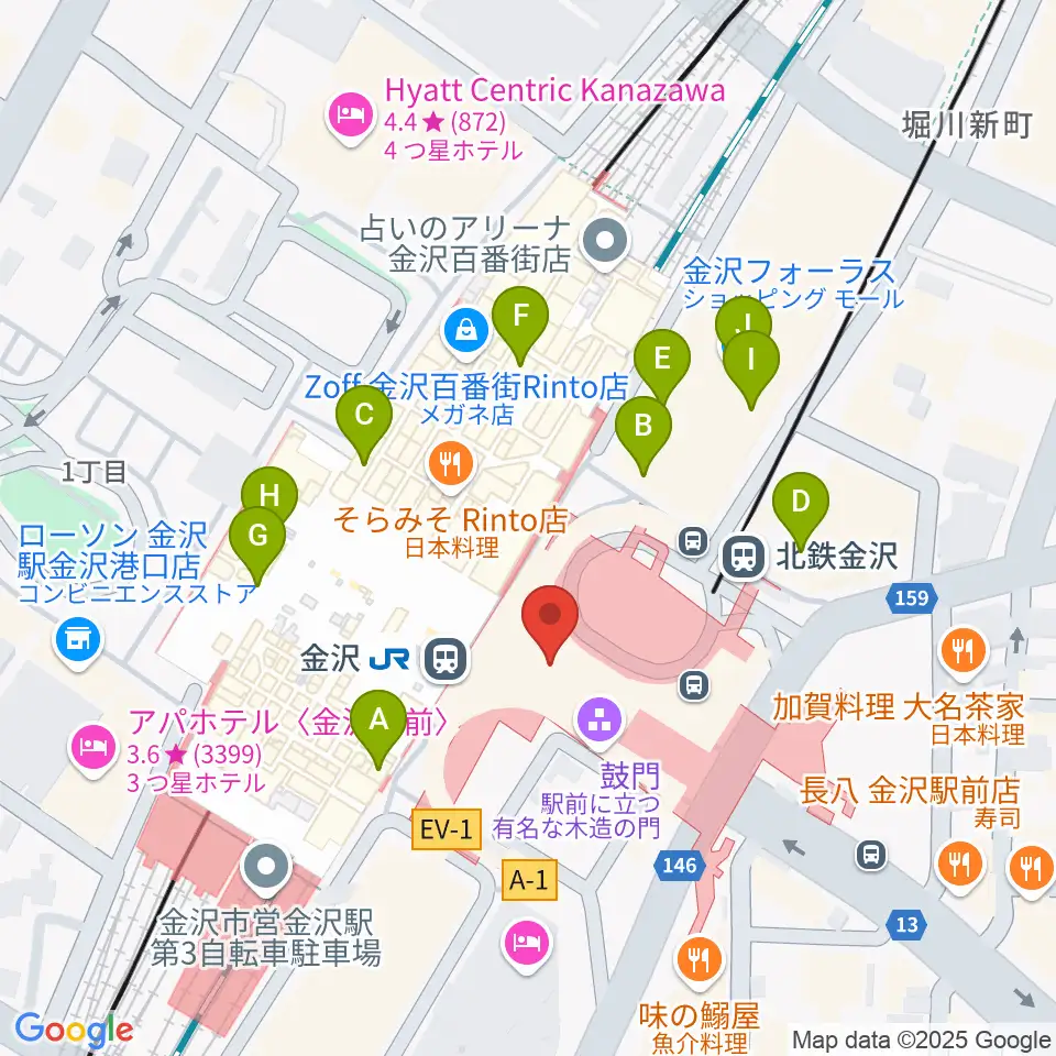 金沢駅東もてなしドーム地下広場周辺のカフェ一覧地図