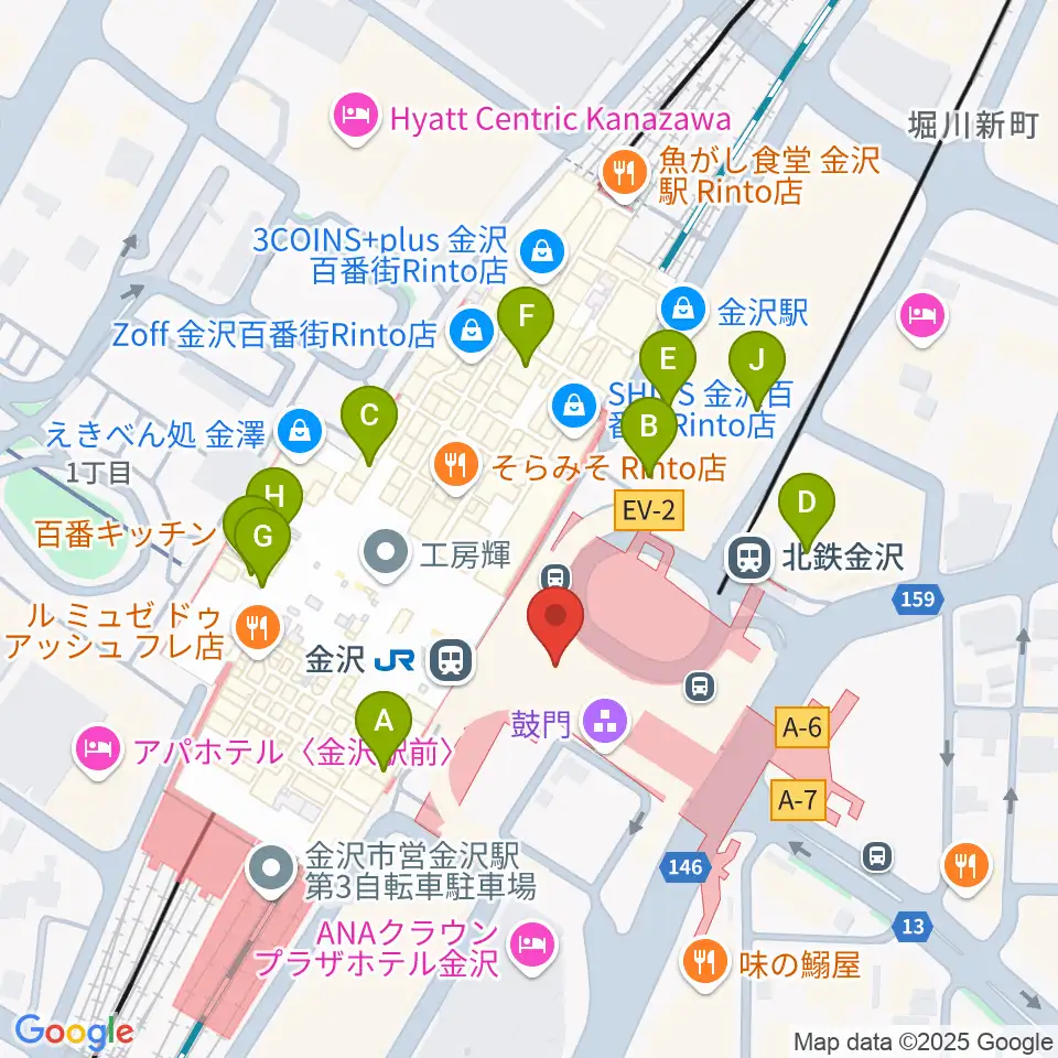 金沢駅東もてなしドーム地下広場周辺のカフェ一覧地図