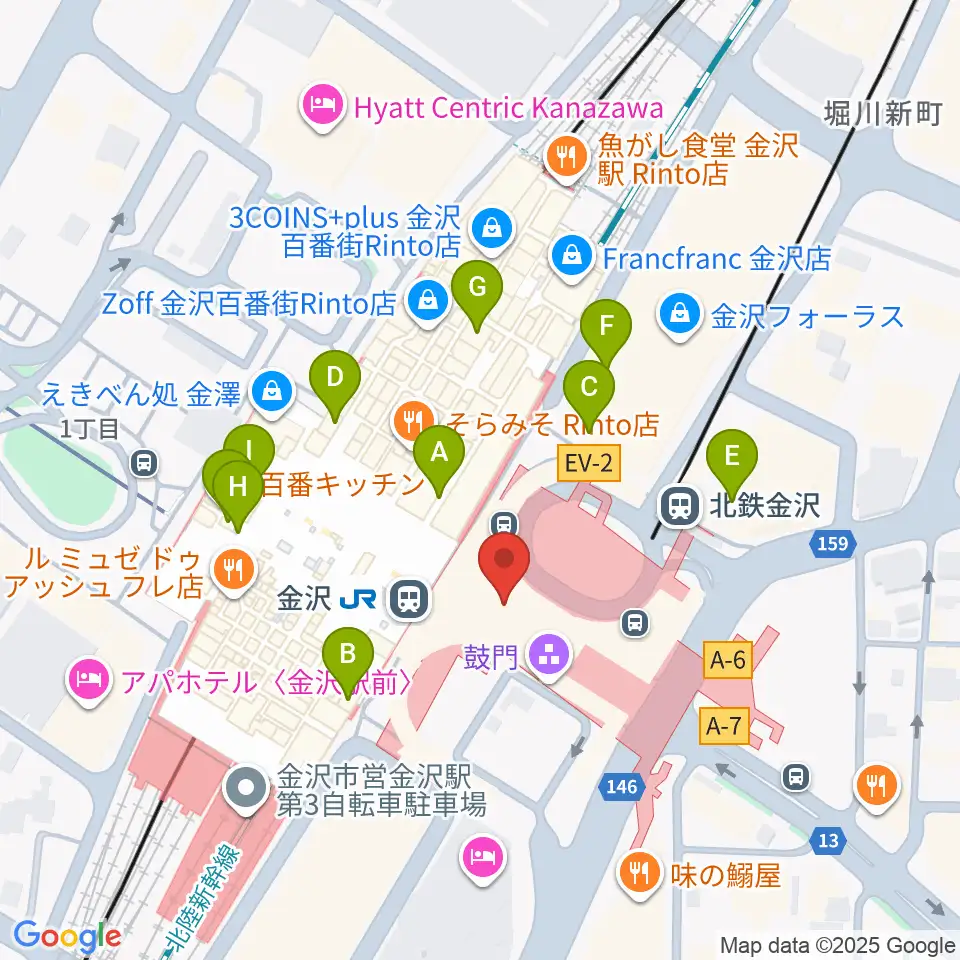 金沢駅東もてなしドーム地下広場周辺のカフェ一覧地図