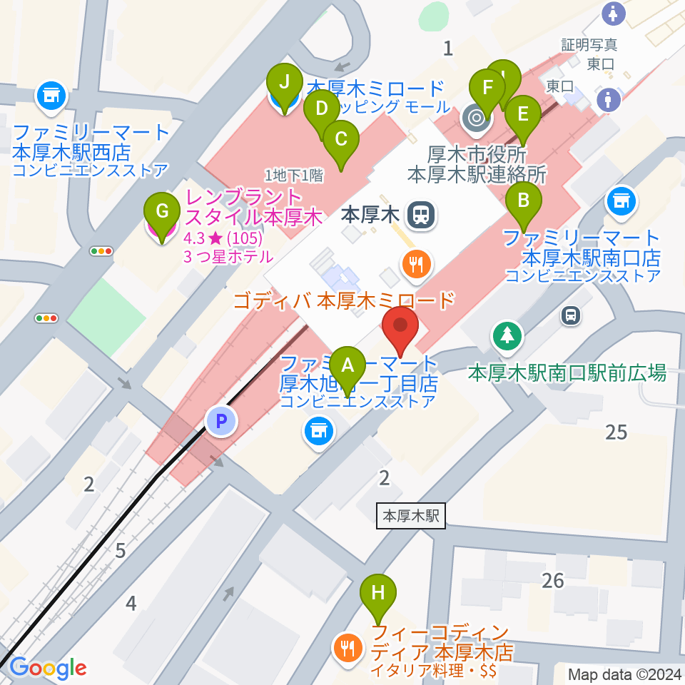 新堀ギター音楽院 本厚木教室周辺のカフェ一覧地図