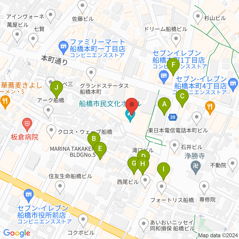 船橋市民文化ホール周辺のカフェ一覧地図