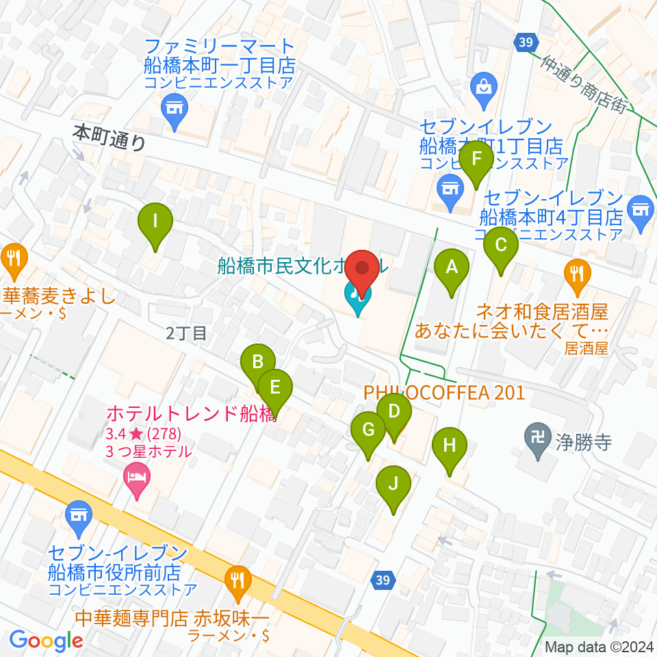 船橋市民文化ホール周辺のカフェ一覧地図