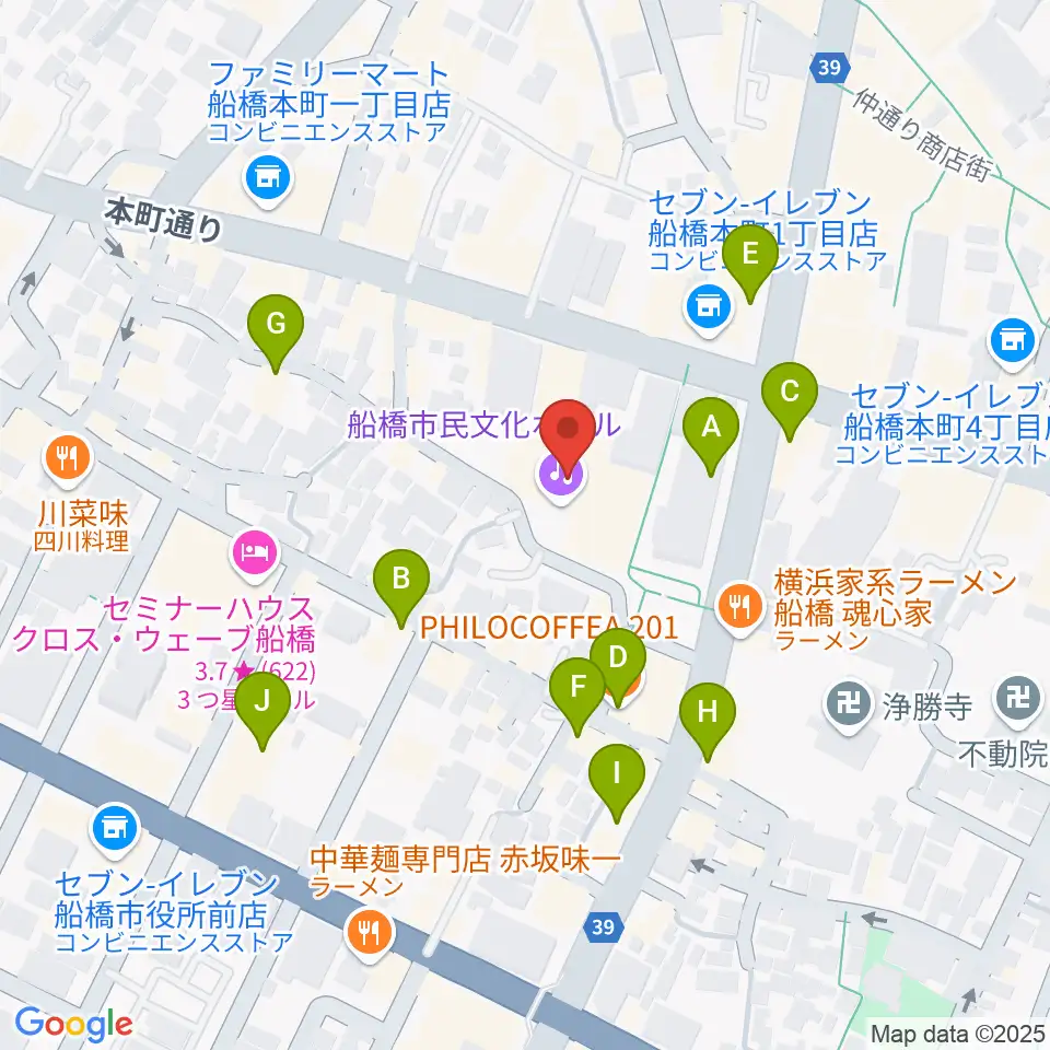 船橋市民文化ホール周辺のカフェ一覧地図