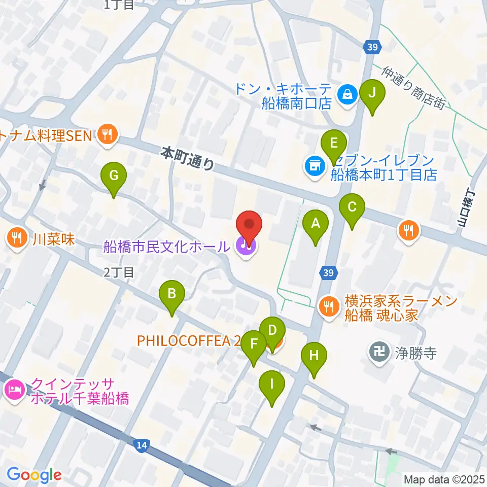 船橋市民文化ホール周辺のカフェ一覧地図