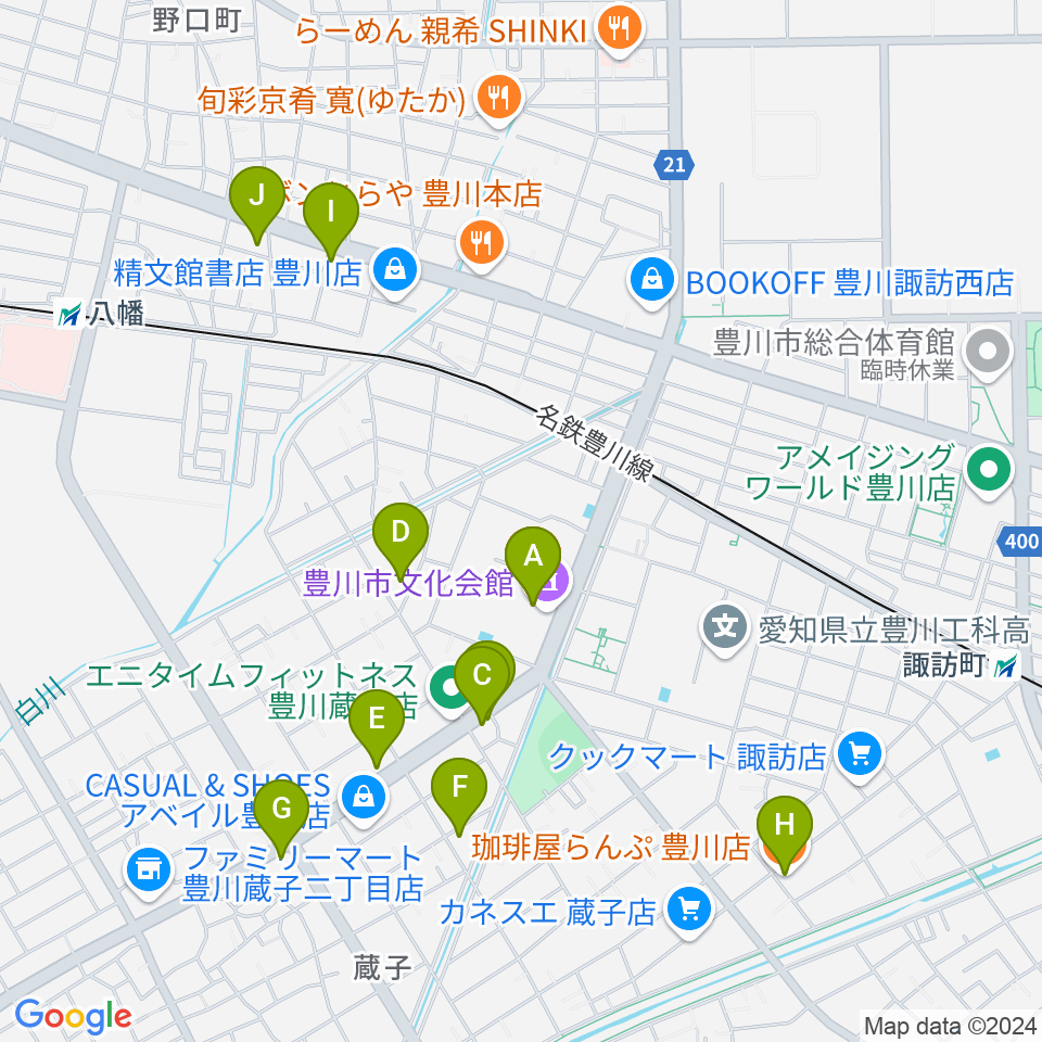 豊川市文化会館周辺のカフェ一覧地図