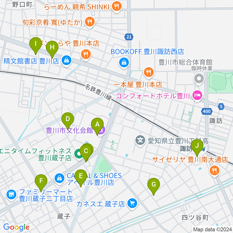 豊川市文化会館周辺のカフェ一覧地図