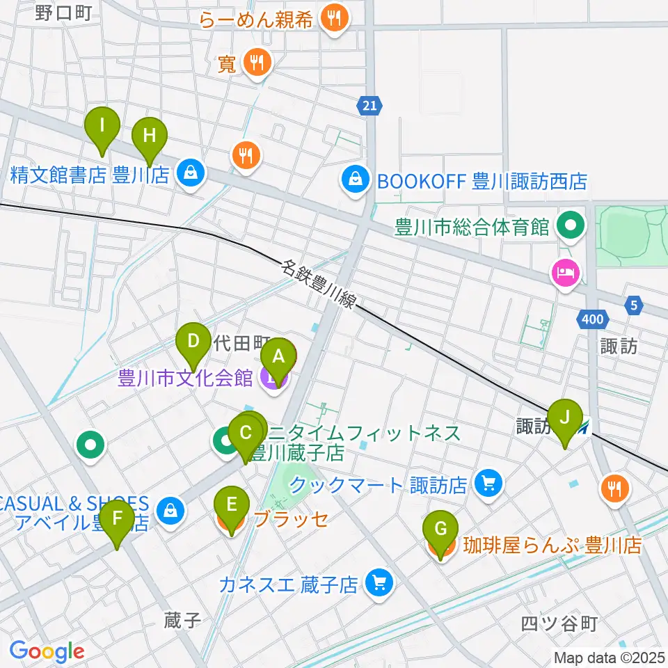 豊川市文化会館周辺のカフェ一覧地図