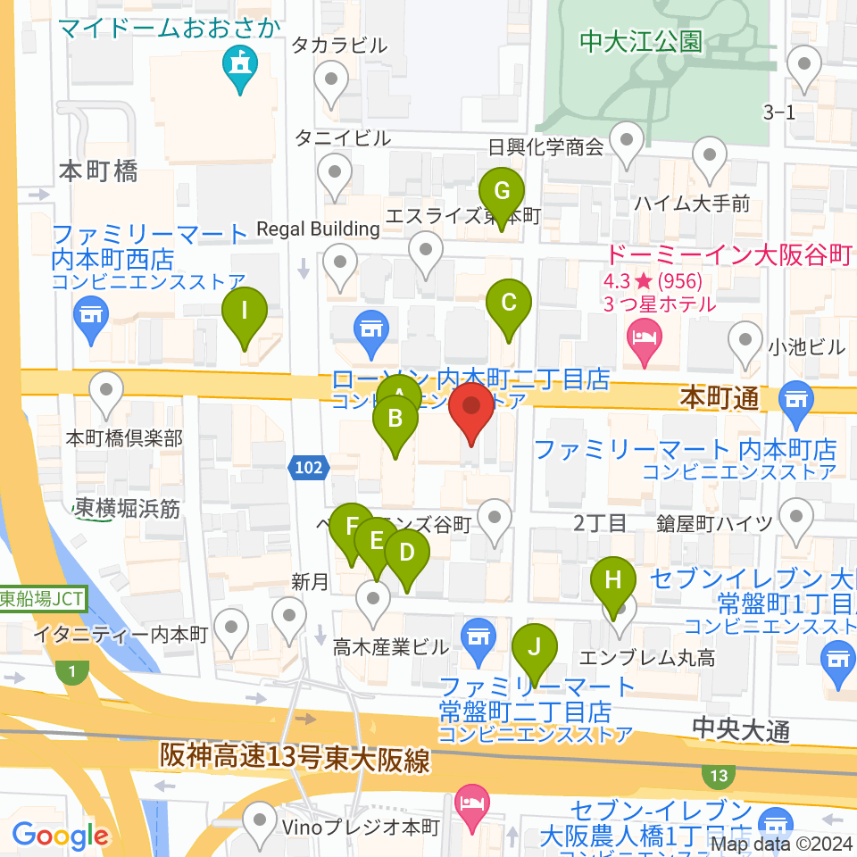 ムジークシューレ大阪周辺のカフェ一覧地図