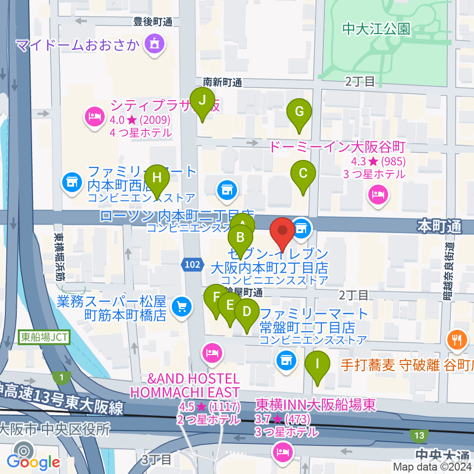 ムジークシューレ大阪周辺のカフェ一覧地図