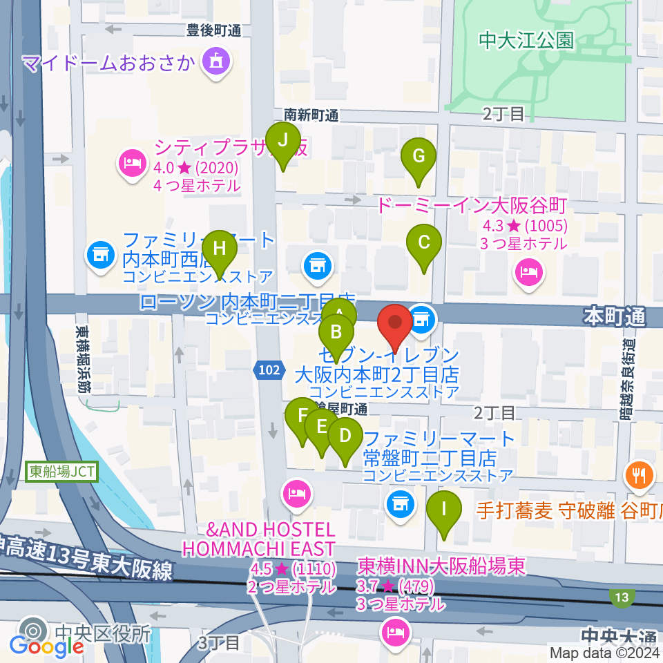 ムジークシューレ大阪周辺のカフェ一覧地図