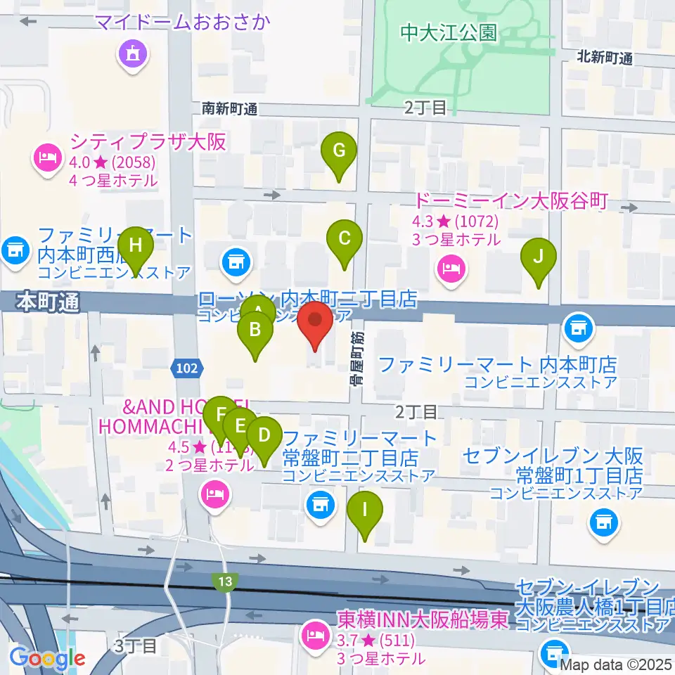 ムジークシューレ大阪周辺のカフェ一覧地図