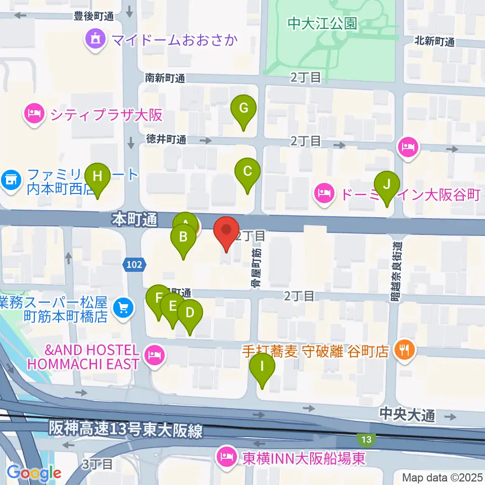 ムジークシューレ大阪周辺のカフェ一覧地図