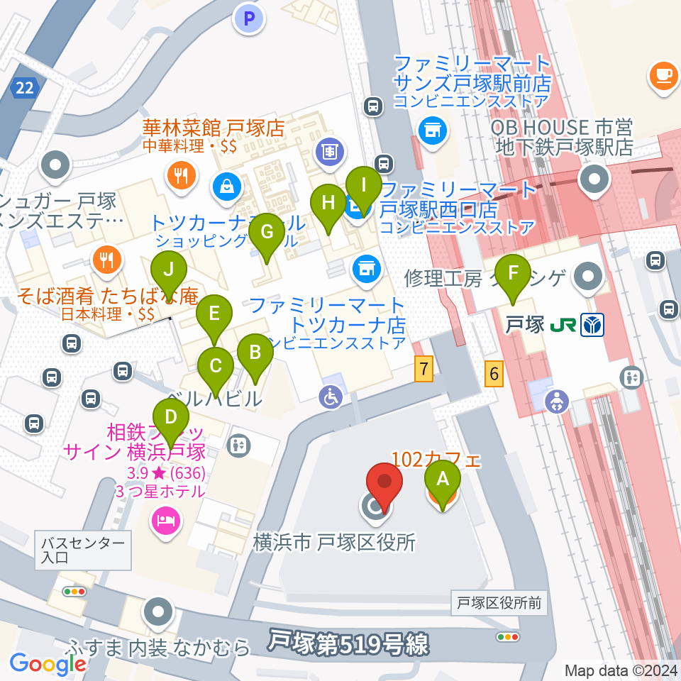 戸塚区民文化センターさくらプラザ周辺のカフェ一覧地図