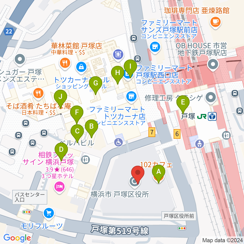 戸塚区民文化センターさくらプラザ周辺のカフェ一覧地図